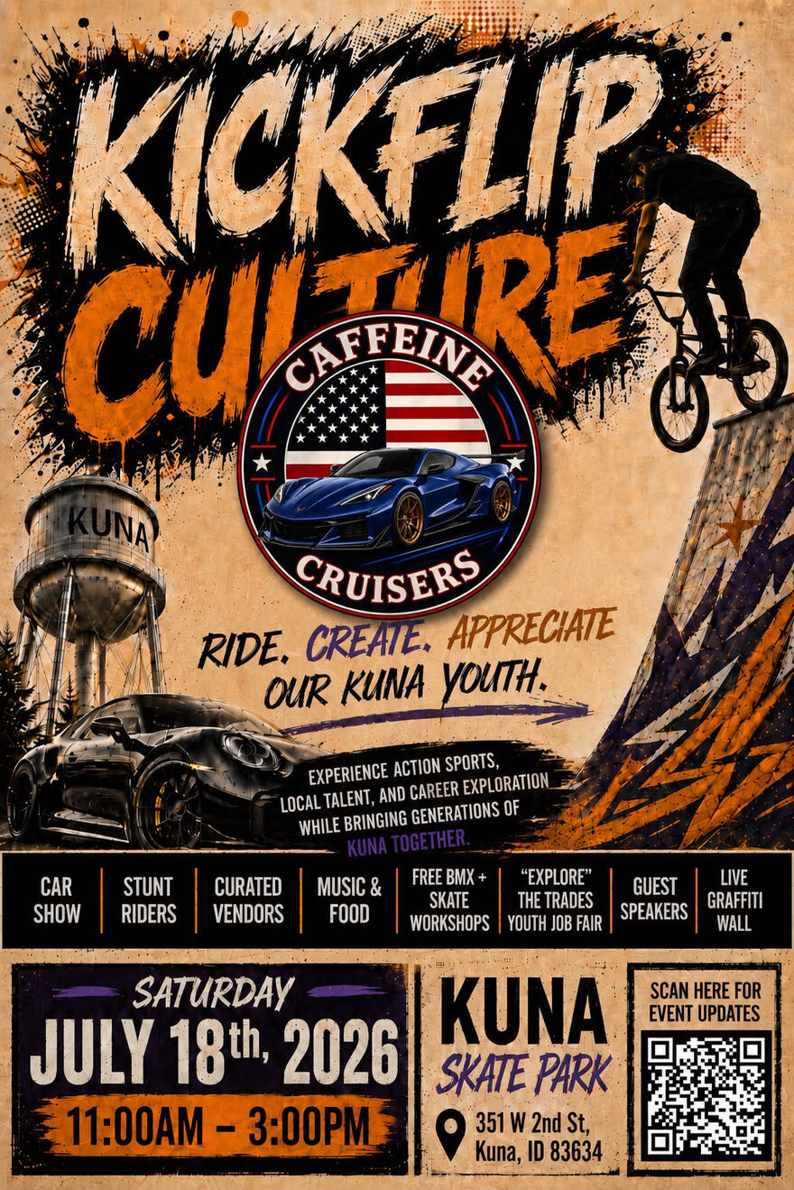 Kickflip Culture event flyer — Kuna Skate Park, July 18, 2026